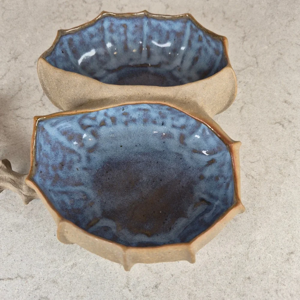 Barbara Walch Pinch Pottery Divided Stoneware Condiment Bowl Spoons Brown Blue